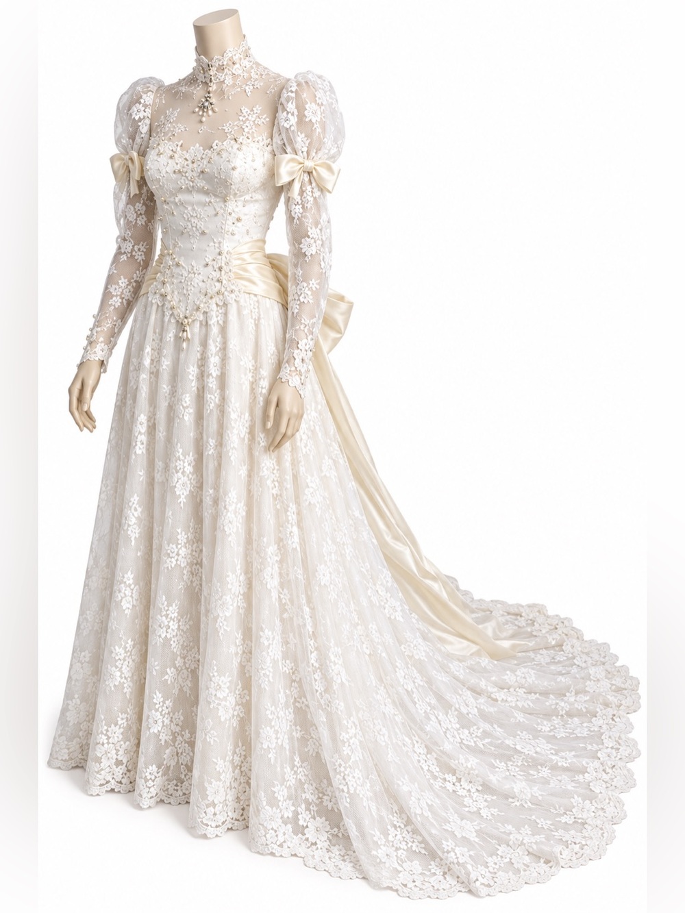 VINTAGE WEDDING GOWN 80s Victorian Lace Pearl | 100” Train | Ivory White XS 0/2